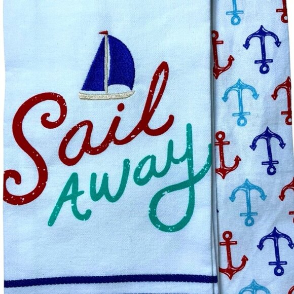 Sail Away Kitchen Towel Embellished Set Coastal Nautical Cotton Set 18 x 28 in - Picture 10 of 16